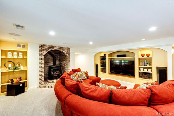 Fireplace, Interior, Living room, Recessed Lighting, Stone Walls