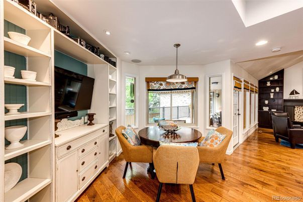 Dining room, Interior, Pendant Lights, Recessed Lighting, Wood Texture Flooring