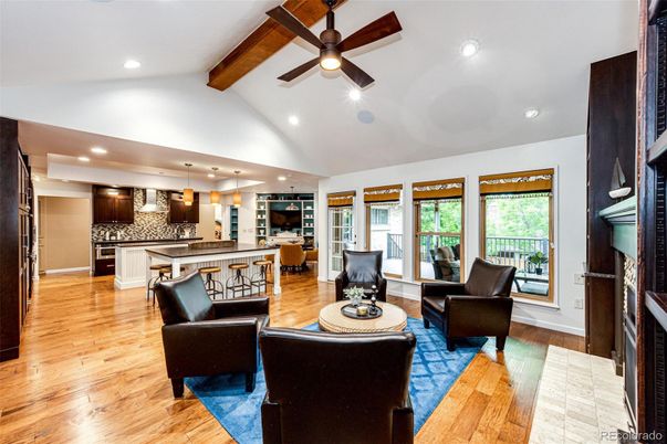 Interior, Kitchen, Living room, Pendant Lights, Recessed Lighting, Stainless Steel Appliances, Wooden Beams, Wood Texture Flooring