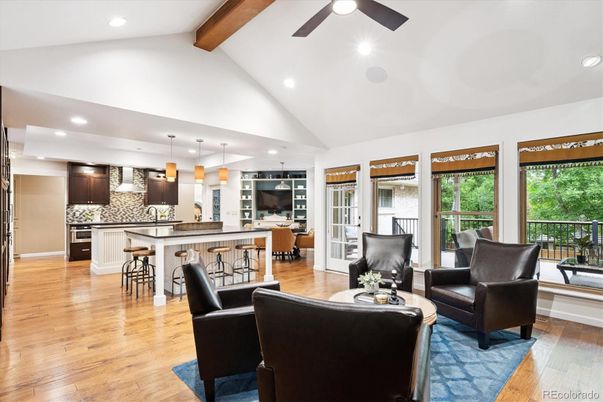 Interior, Kitchen, Living room, Pendant Lights, Recessed Lighting, Stainless Steel Appliances, Wooden Beams, Wood Texture Flooring