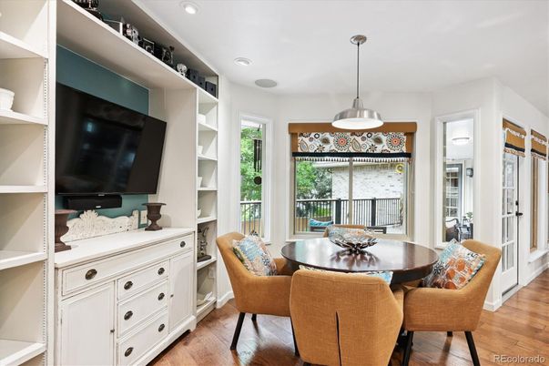 Dining room, Interior, Pendant Lights, Recessed Lighting, Wood Texture Flooring