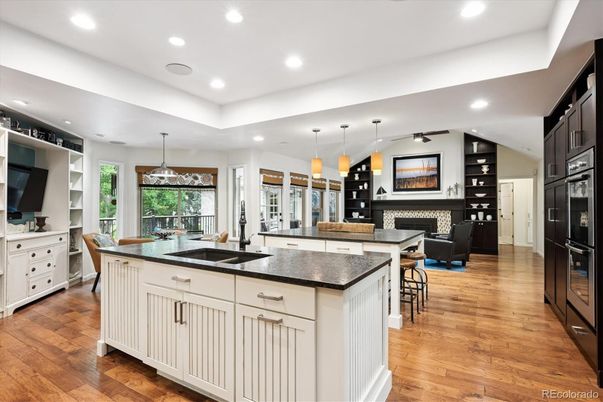 Dining room, Fireplace, Interior, Kitchen, Living room, Pendant Lights, Recessed Lighting, Wood Texture Flooring