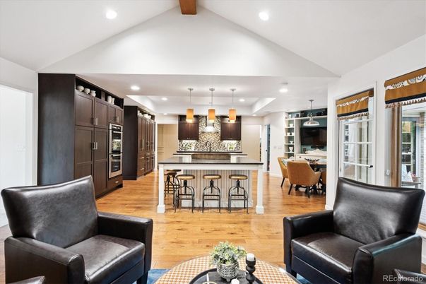 Dining room, Interior, Kitchen, Pendant Lights, Recessed Lighting, Stainless Steel Appliances, Wooden Beams, Wood Texture Flooring