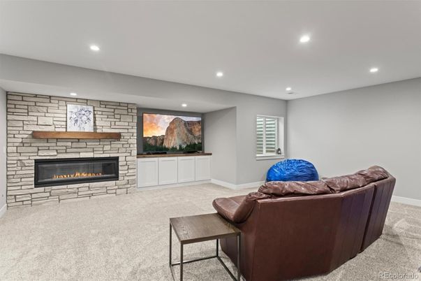 Fireplace, Interior, Living room, Recessed Lighting, Stone Walls