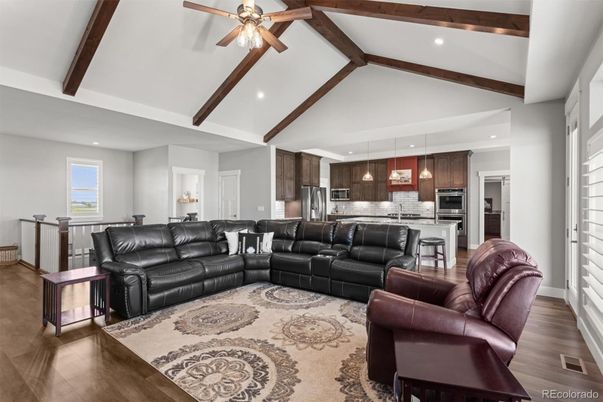Interior, Kitchen, Living room, Pendant Lights, Recessed Lighting, Stainless Steel Appliances, Wooden Beams, Wood Texture Flooring
