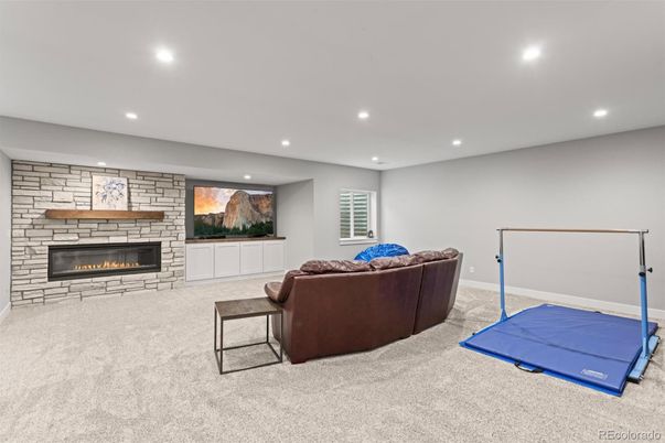 Fireplace, Interior, Living room, Recessed Lighting, Stone Walls