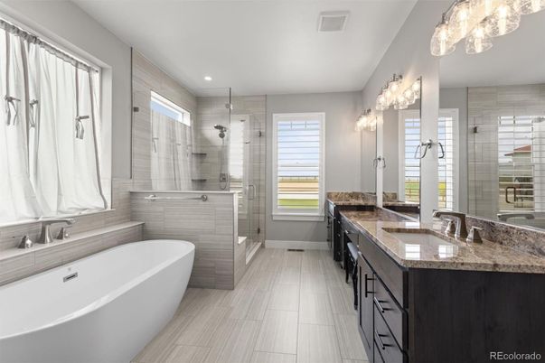 Bathroom, Dual Sink Vanities, Free Standing Baths, Glass Shower, Interior, Recessed Lighting