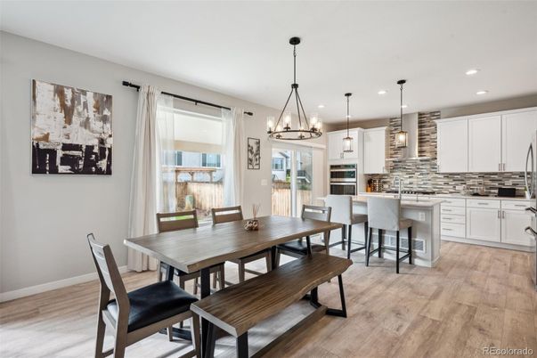 Dining room, Interior, Kitchen, Pendant Lights, Recessed Lighting, Wood Texture Flooring