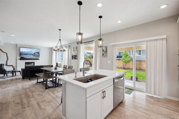 Dining room, Fireplace, Interior, Kitchen, Living room, Pendant Lights, Recessed Lighting, Wood Texture Flooring