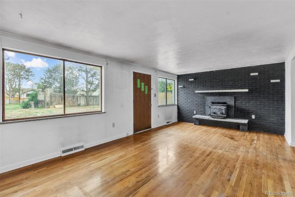 Empty room, Fireplace, Interior, Stone Walls, Wood Texture Flooring