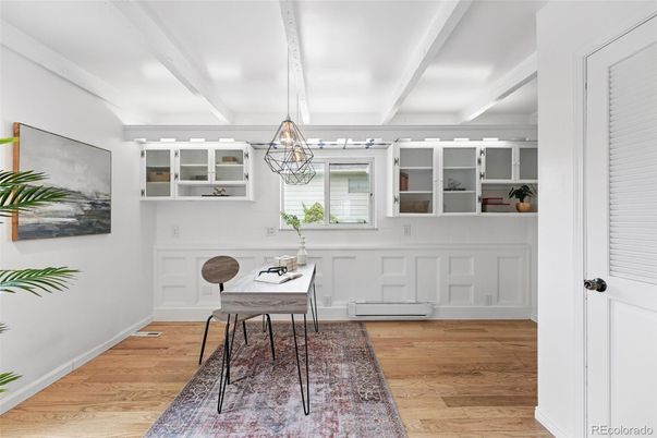 Home Office, Interior, Pendant Lights, Wood Texture Flooring
