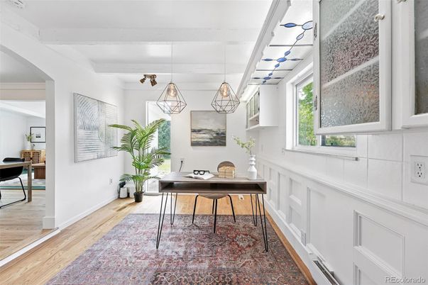 Home Office, Interior, Pendant Lights, Wood Texture Flooring