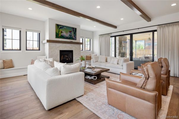 Fireplace, Interior, Living room, Recessed Lighting, Wooden Beams, Wood Texture Flooring