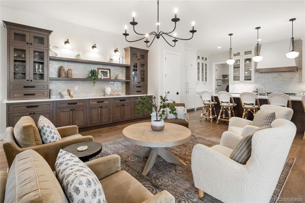 Chandelier, Dining room, Interior, Kitchen, Living room, Pendant Lights, Recessed Lighting, Wood Texture Flooring