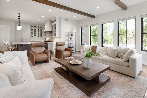 Interior, Kitchen, Living room, Pendant Lights, Recessed Lighting, Wooden Beams, Wood Texture Flooring
