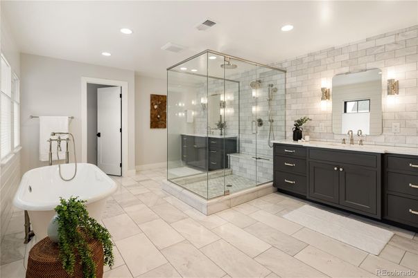 Bathroom, Dual Sink Vanities, Free Standing Baths, Glass Shower, Interior, Recessed Lighting