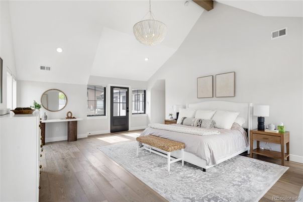 Bedroom, Interior, Pendant Lights, Recessed Lighting, Wood Texture Flooring
