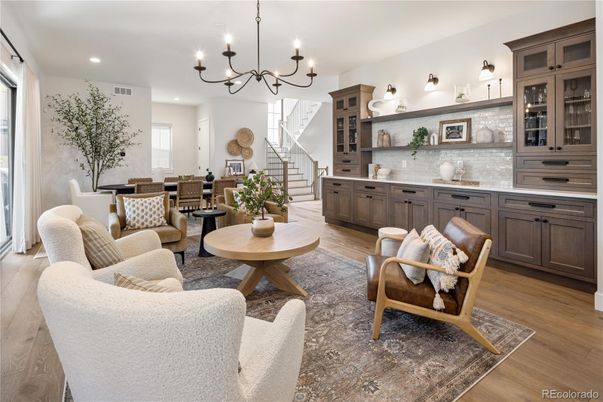 Chandelier, Dining room, Interior, Living room, Recessed Lighting, Wood Texture Flooring