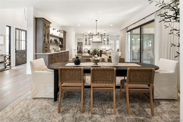 Dining room, Interior, Kitchen, Pendant Lights, Recessed Lighting, Wood Texture Flooring