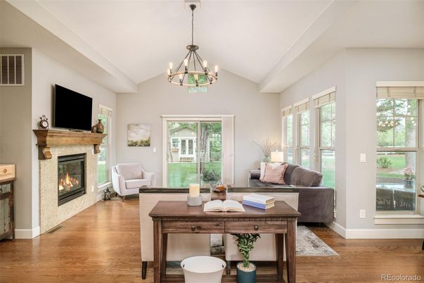 Chandelier, Fireplace, Interior, Living room, Pendant Lights, Wood Texture Flooring