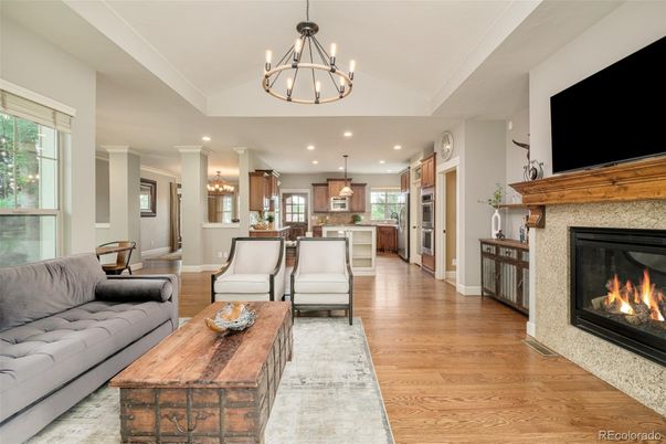 Chandelier, Dining room, Fireplace, Interior, Kitchen, Living room, Pendant Lights, Recessed Lighting, Wood Texture Flooring