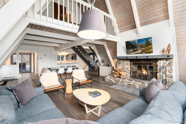 Dining room, Fireplace, Interior, Living room, Wooden Ceilings, Wood Texture Flooring
