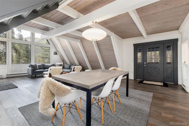 Dining room, Interior, Living room, Pendant Lights, Wooden Ceilings, Wood Texture Flooring