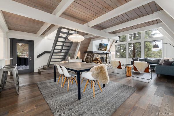 Dining room, Fireplace, Interior, Living room, Pendant Lights, Wooden Ceilings, Wood Texture Flooring