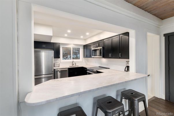 Interior, Kitchen, Recessed Lighting, Stainless Steel Appliances, Wooden Ceilings, Wood Texture Flooring