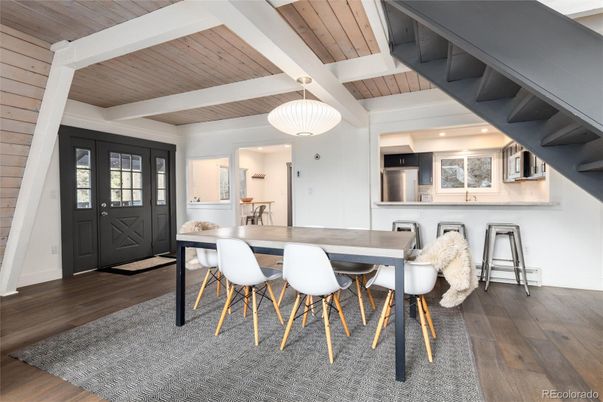 Dining room, Interior, Kitchen, Pendant Lights, Recessed Lighting, Stainless Steel Appliances, Wooden Ceilings, Wood Texture Flooring