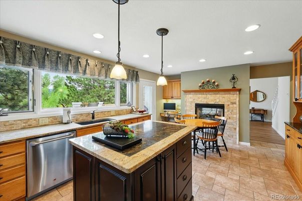 Dining room, Fireplace, Interior, Kitchen, Pendant Lights, Recessed Lighting, Stainless Steel Appliances