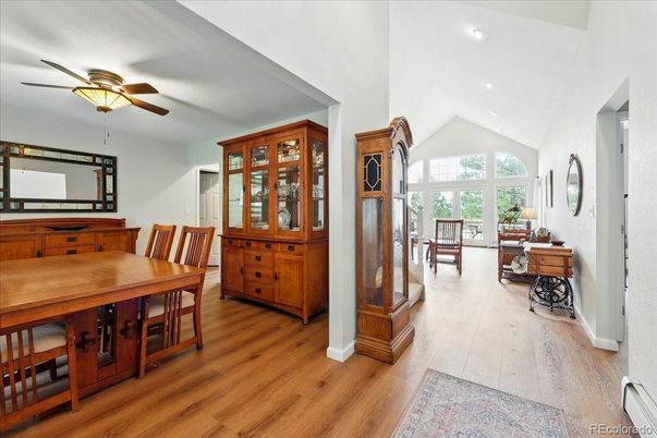 Dining room, Interior, Recessed Lighting, Wood Texture Flooring