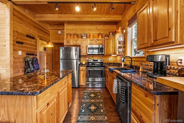 Interior, Kitchen, Stainless Steel Appliances, Wooden Beams, Wooden Ceilings, Wood Texture Flooring, Wooden Walls