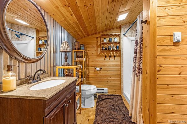 Bathroom, Interior, Recessed Lighting, Wooden Ceilings, Wood Texture Flooring, Wooden Walls