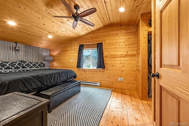 Bedroom, Interior, Recessed Lighting, Wooden Ceilings, Wood Texture Flooring, Wooden Walls