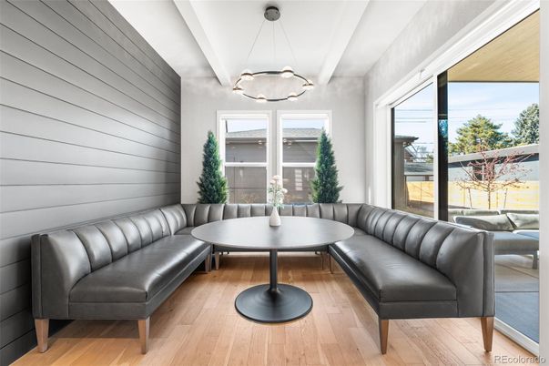 Dining room, Interior, Pendant Lights, Wood Texture Flooring