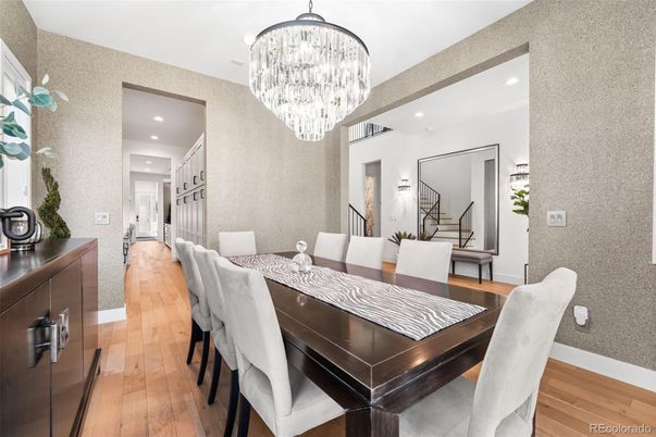 Chandelier, Dining room, Interior, Recessed Lighting, Wood Texture Flooring