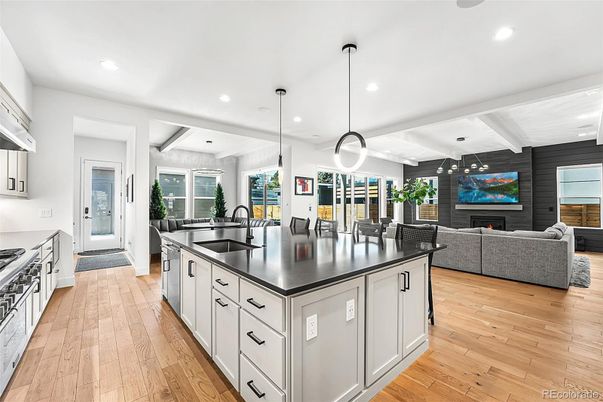 Fireplace, Interior, Kitchen, Living room, Pendant Lights, Recessed Lighting, Stainless Steel Appliances, Wood Texture Flooring
