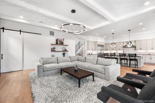 Interior, Kitchen, Living room, Pendant Lights, Recessed Lighting, Stainless Steel Appliances, Wood Texture Flooring