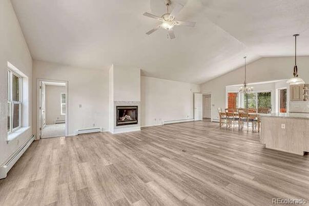Chandelier, Dining room, Empty room, Fireplace, Interior, Pendant Lights, Wood Texture Flooring