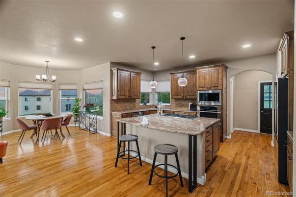Chandelier, Dining room, Interior, Kitchen, Pendant Lights, Recessed Lighting, Wood Texture Flooring