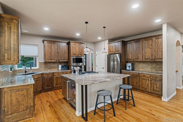 Interior, Kitchen, Pendant Lights, Recessed Lighting, Wood Texture Flooring