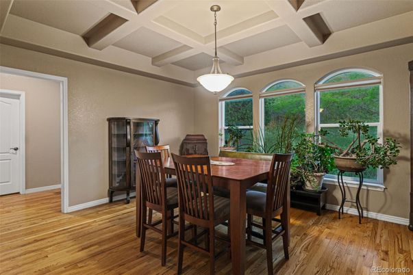 Dining room, Interior, Pendant Lights, Wood Texture Flooring