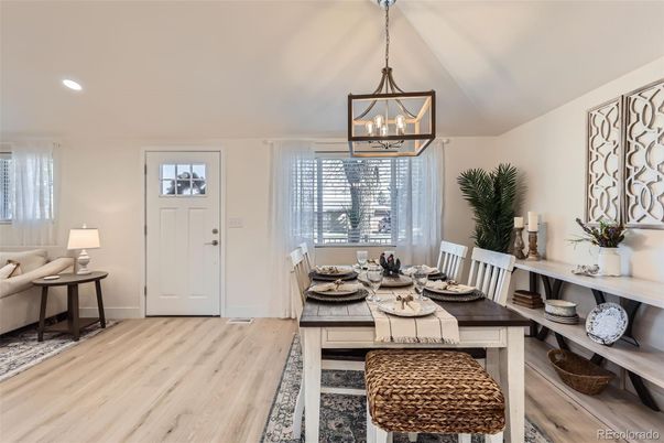 Dining room, Interior, Pendant Lights, Recessed Lighting, Wood Texture Flooring