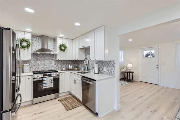 Interior, Kitchen, Recessed Lighting, Stainless Steel Appliances, Wood Texture Flooring