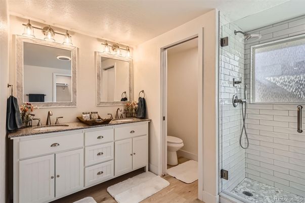 Bathroom, Dual Sink Vanities, Glass Shower, Interior, Wood Texture Flooring