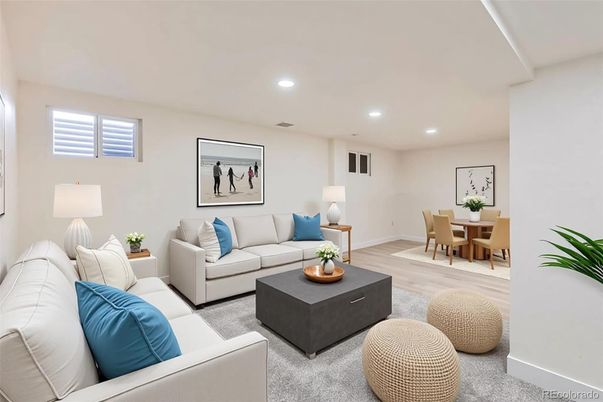 Dining room, Interior, Living room, Recessed Lighting, Wood Texture Flooring