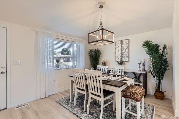 Dining room, Interior, Pendant Lights, Wood Texture Flooring