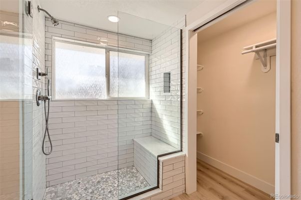 Bathroom, Glass Shower, Interior, Recessed Lighting, Walk-in Closets, Wood Texture Flooring