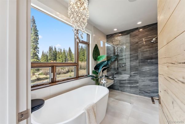 Bathroom, Free Standing Baths, Glass Shower, Interior, Pendant Lights, Recessed Lighting